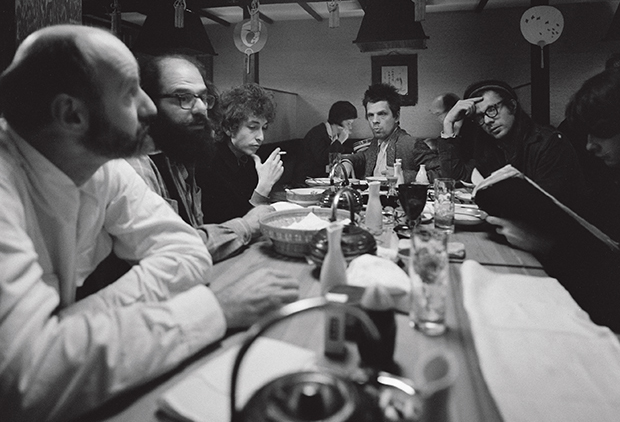 (left to right) Lawrence Ferlinghetti, Allen Ginsberg, Bob Dylan and Peter and Julian Orlofsky photographed by Ettore Sottsass, San Francisco, USA 1965